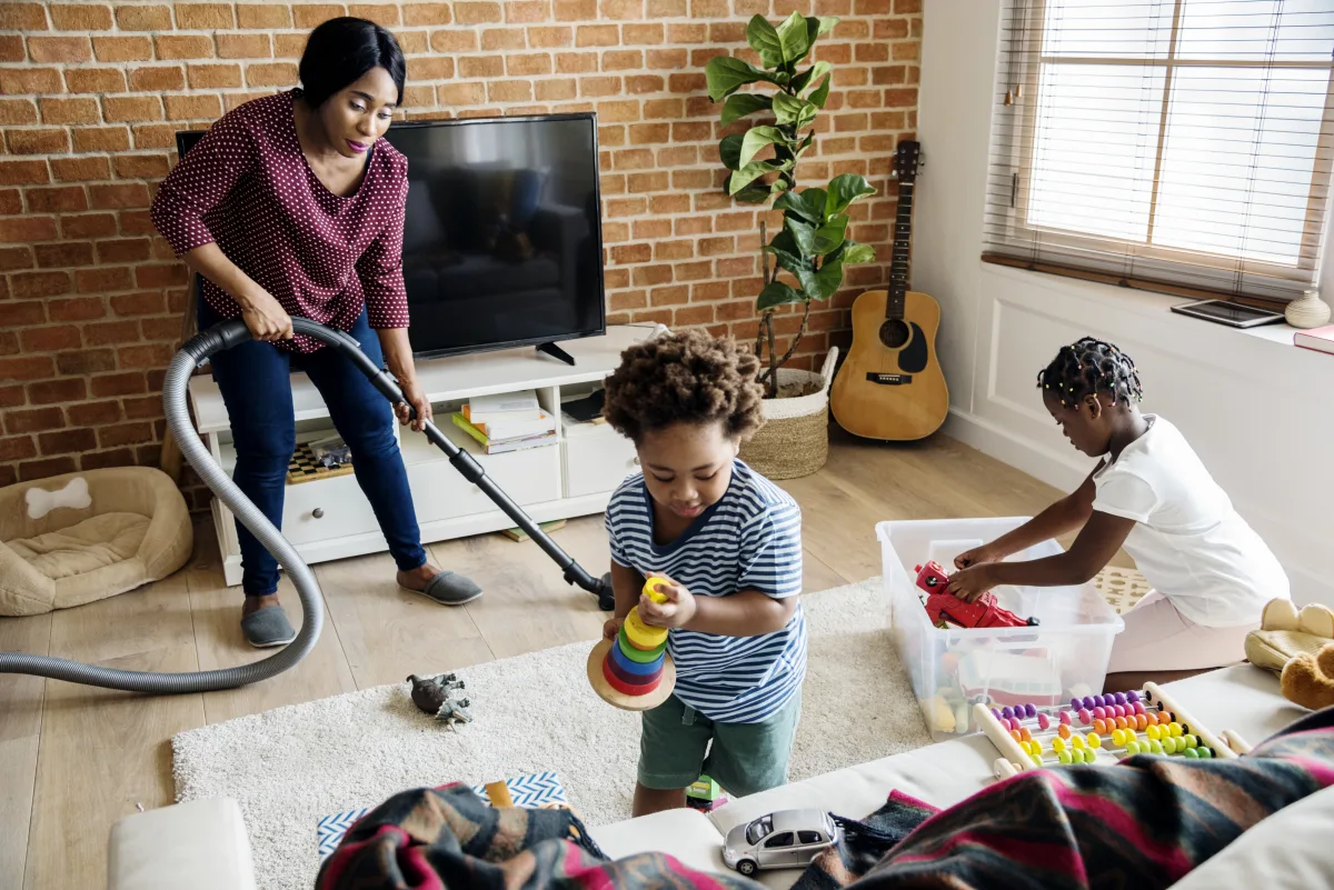 Family doing chores together around the house