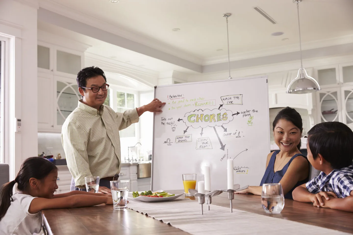 Busy family managing a complicated household chore routine